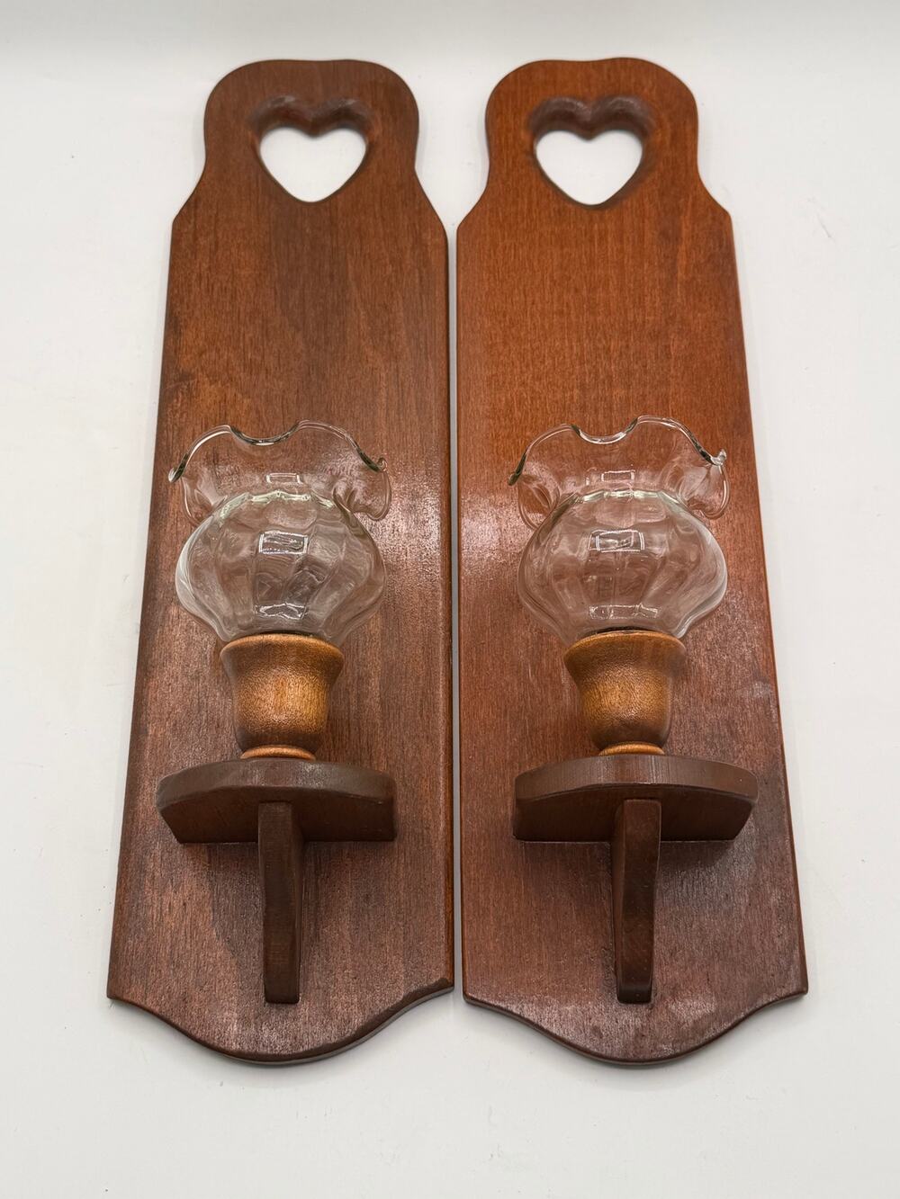 Vintage Country Wooden Heart Wall Sconces with Ruffled Glass Votives - Pair